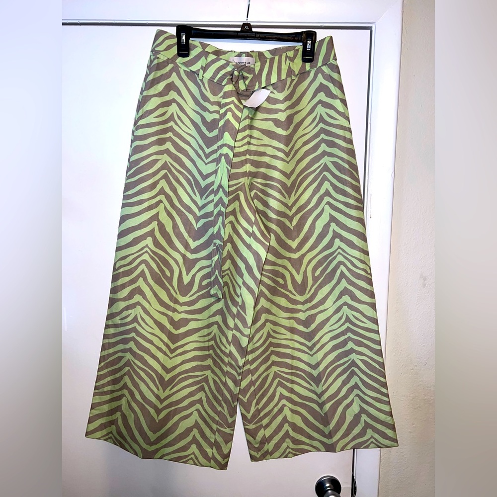 New Lafayette 148 Rockefeller Green Zevron-Print Linen Blend Wide Leg Pants Sz12
